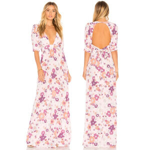 NWT For Love & Lemons Magnolia V-Neck Open Back Maxi Dress Pink Blossom Women XS
